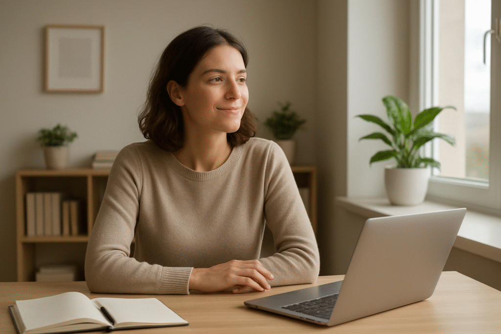Produtividade sem burnout: pessoa calma e equilibrada no trabalho